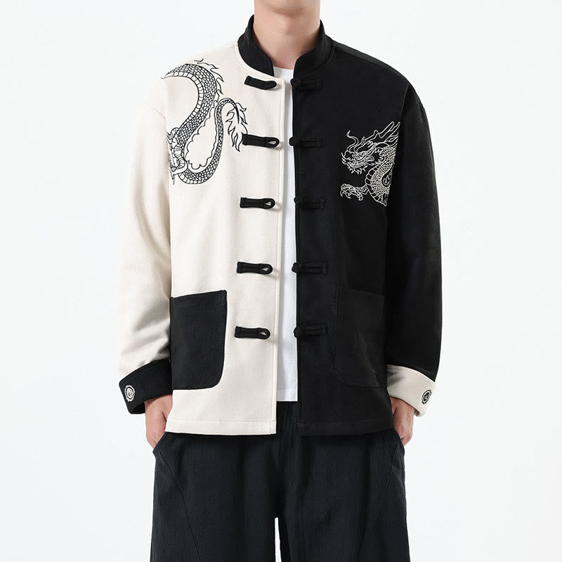 Buddha Stones Dragon Embroidery Casual Frog-button Cotton Men's Jacket Shirt Clothing - White - US/UK/AU46，EU56 (5XL) - image 0