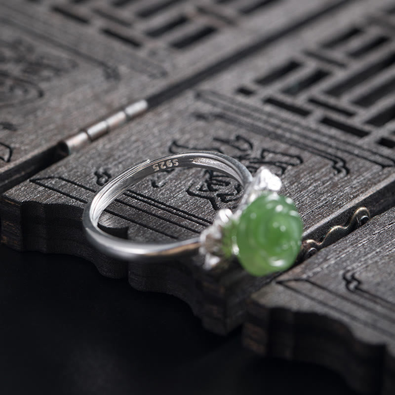 Buddha Stones 925 Sterling Silver Jade Green Rose Luck Adjustable Ring - image 1