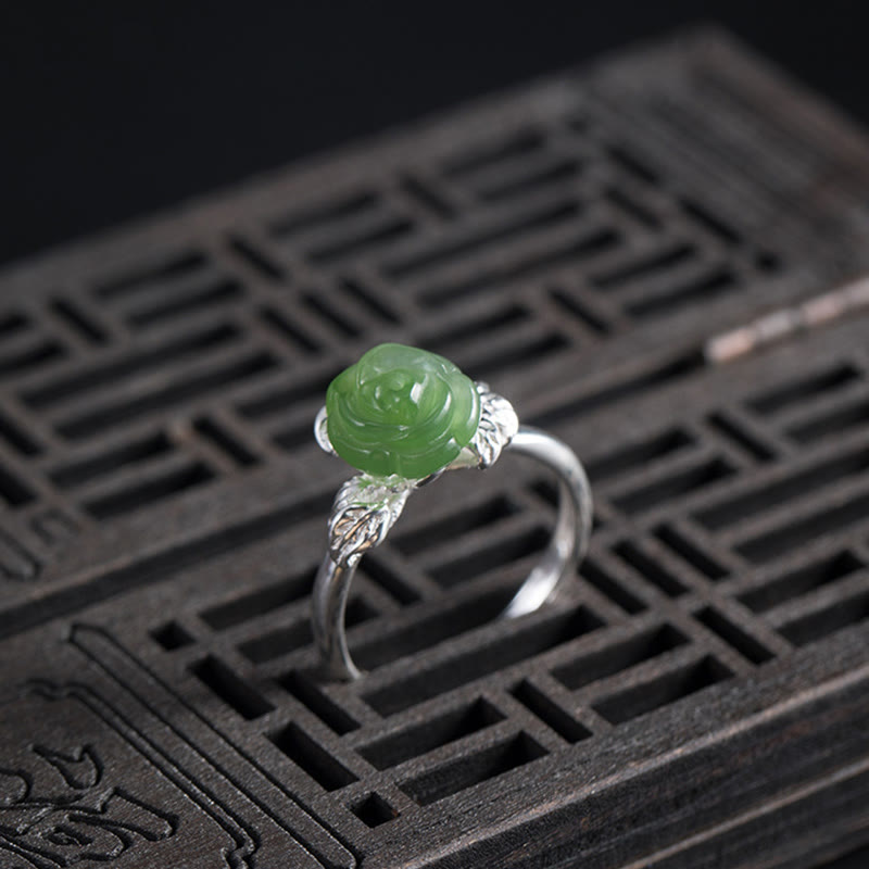 Buddha Stones 925 Sterling Silver Jade Green Rose Luck Adjustable Ring - image 3