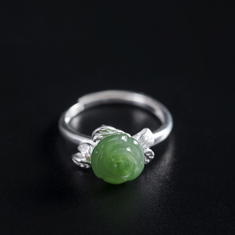Buddha Stones 925 Sterling Silver Jade Green Rose Luck Adjustable Ring - image 10