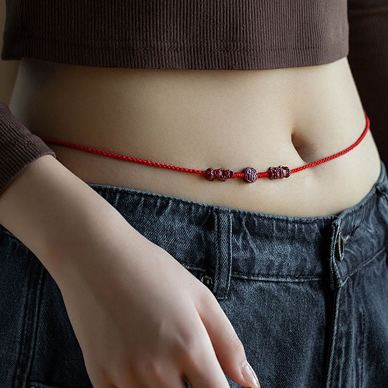 Buddha Stones Natural Cinnabar PiXiu Calm Blessing Red String Belly Chain - 103-119cm - image 0