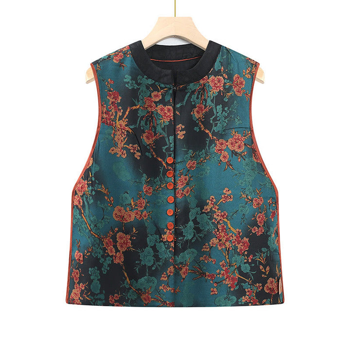 Buddha Stones Vintage Embroidery Jacquard Weave Flower Pattern Vest - image 2
