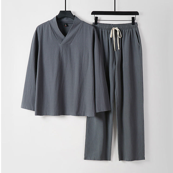 Buddha Stones Cross-Collars Cotton Tang Suit Hanfu Top Pants Clothing Men's Set - Gray - US/UK/AU54，EU64 (9XL) - image 0