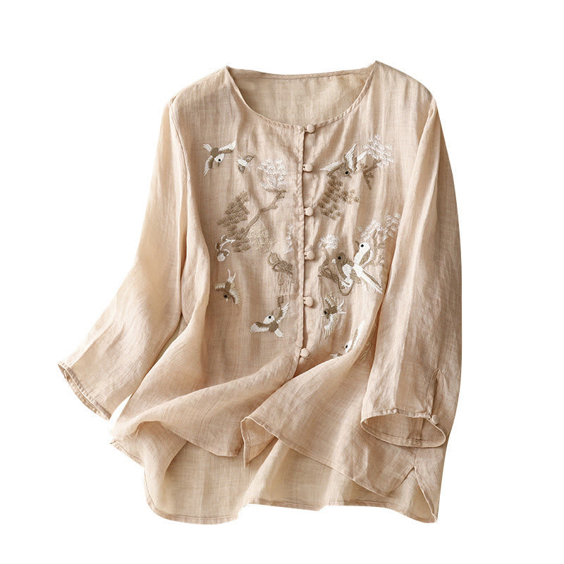 Buddha Stones Round Neck Casual Blouse Embroidery Long Sleeve Shirt Cotton Linen Top Women's Shirts - image 19