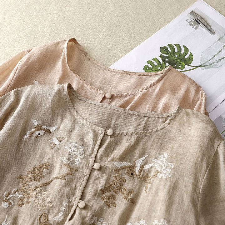 Buddha Stones Round Neck Casual Blouse Embroidery Long Sleeve Shirt Cotton Linen Top Women's Shirts - image 17