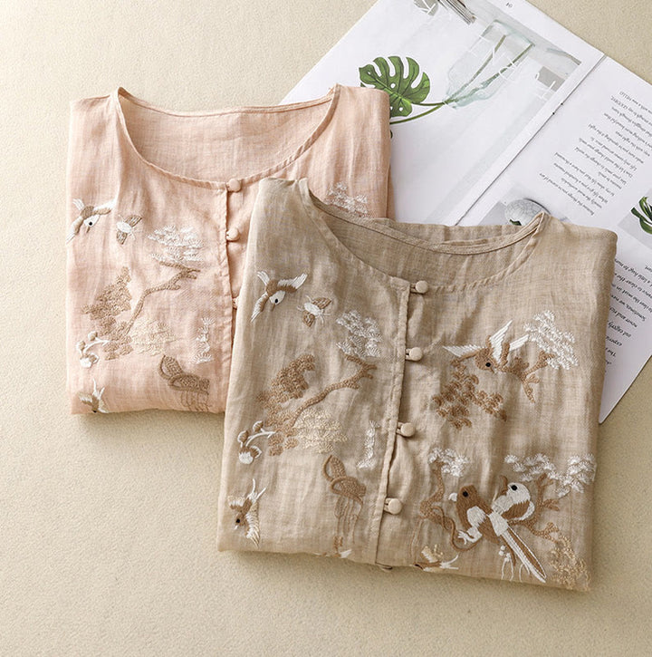 Buddha Stones Round Neck Casual Blouse Embroidery Long Sleeve Shirt Cotton Linen Top Women's Shirts - image 18