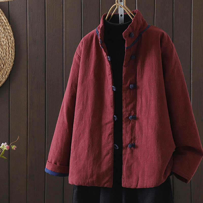 Buddha Stones Solid Color Casual Frog-button Turtleneck Cotton Linen Women's Jacket Shirts Clothing - Maroon - US8-10，UK/AU12-14，EU40-42 (2XL) - image 0