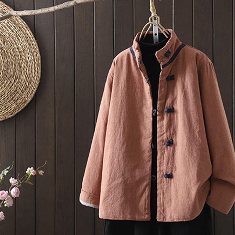 Buddha Stones Solid Color Casual Frog-button Turtleneck Cotton Linen Women's Jacket Shirts Clothing - LightCoral - US8-10，UK/AU12-14，EU40-42 (2XL) - image 12