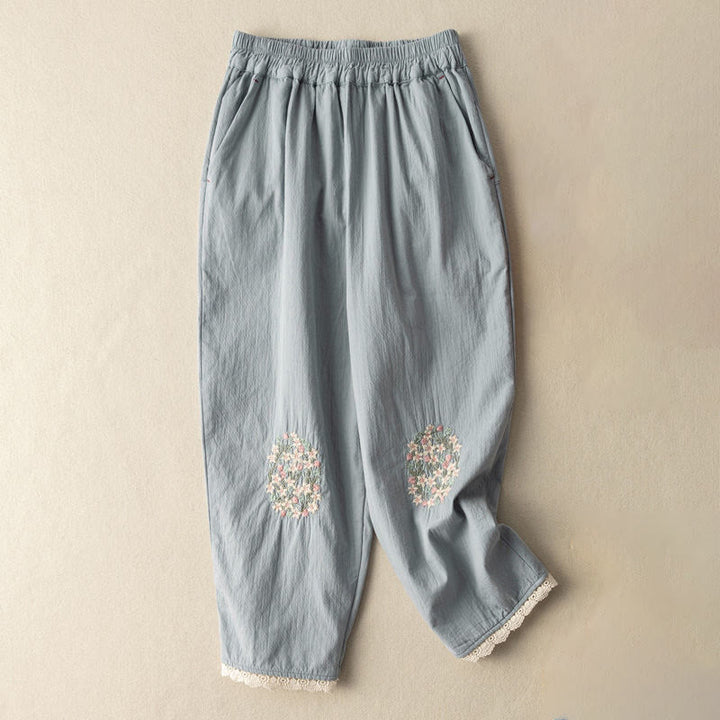 Buddha Stones Casual Lace Trim Embroidered Cotton Harem Pants With Pockets - LightBlue - US14，UK/AU18，EU46 (4XL) - image 4