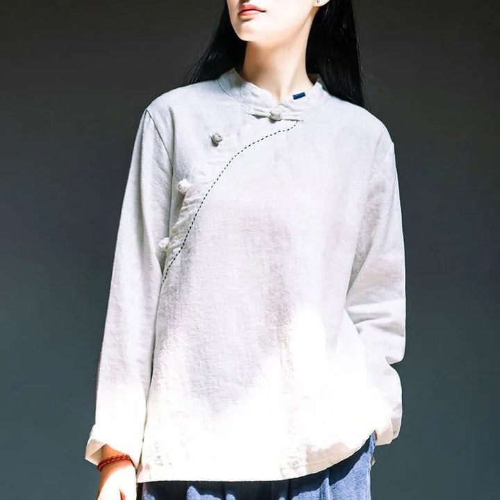 Buddha Stones Oblique Collar Knot button Cotton Loose Linen Clothing - White - US14，UK/AU18，EU46 (4XL) - image 10