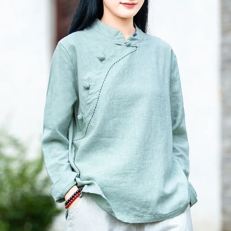 Buddha Stones Oblique Collar Knot button Cotton Loose Linen Clothing - PaleTurquoise - US14，UK/AU18，EU46 (4XL) - image 0