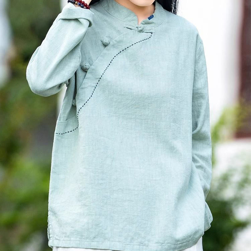Buddha Stones Oblique Collar Knot button Cotton Loose Linen Clothing - image 1