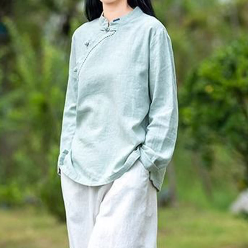 Buddha Stones Oblique Collar Knot button Cotton Loose Linen Clothing - image 4