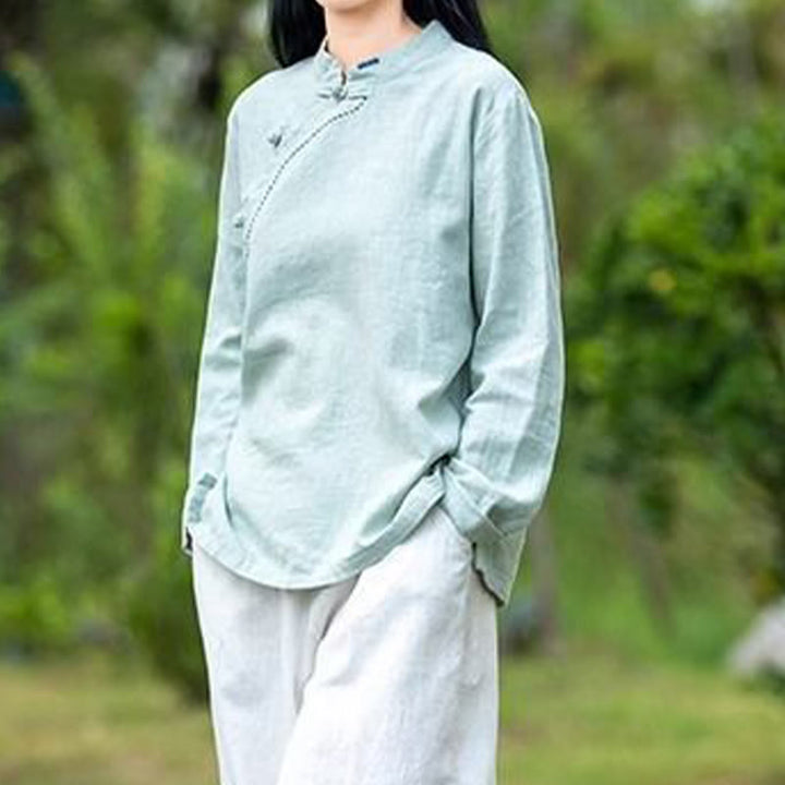 Buddha Stones Oblique Collar Knot button Cotton Loose Linen Clothing - image 4