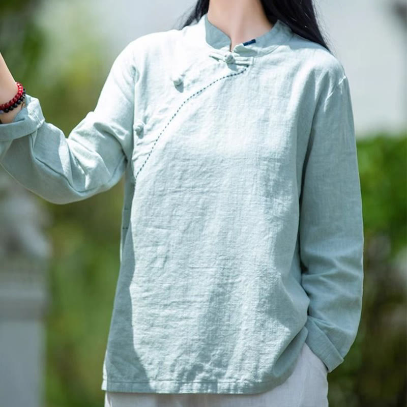Buddha Stones Oblique Collar Knot button Cotton Loose Linen Clothing - image 3
