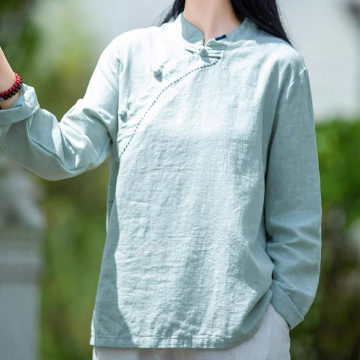 Buddha Stones Oblique Collar Knot button Cotton Loose Linen Clothing - image 3