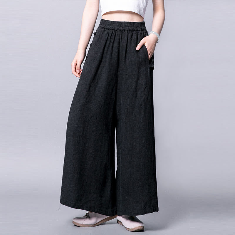Buddha Stones Casual Cotton Frog-Button High Waist Wide Leg Pants With Pockets - Black - US12，UK/AU16，EU44 (3XL) - image 10