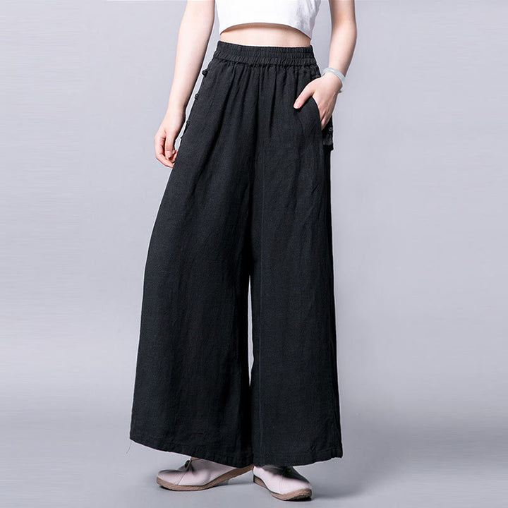 Buddha Stones Casual Cotton Frog-Button High Waist Wide Leg Pants With Pockets - Black - US12，UK/AU16，EU44 (3XL) - image 10