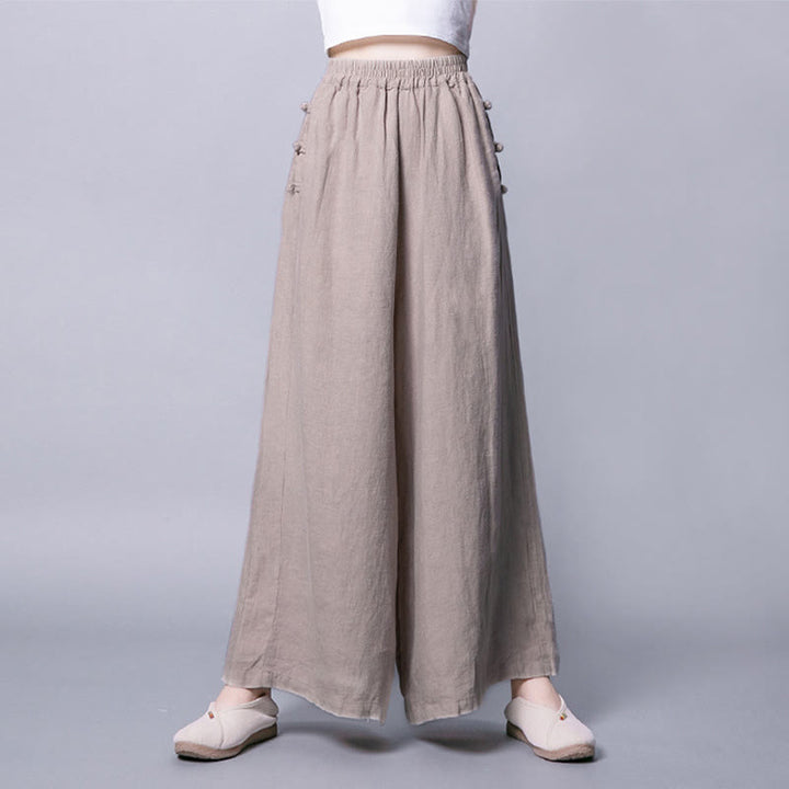 Buddha Stones Casual Cotton Frog-Button High Waist Wide Leg Pants With Pockets - image 3