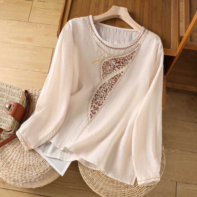 Buddha Stones Ethnic Embroidery Crew Neck Cotton Linen Pullover Clothing - Bisque - US8-10，UK/AU12-14，EU40-42 (2XL) - image 1