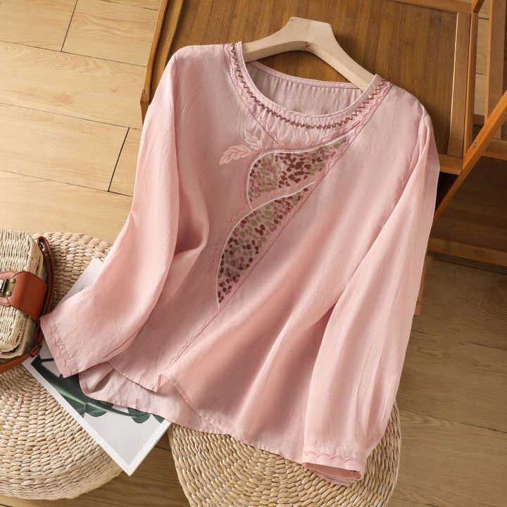 Buddha Stones Ethnic Embroidery Crew Neck Cotton Linen Pullover Clothing - Pink - US8-10，UK/AU12-14，EU40-42 (2XL) - image 19
