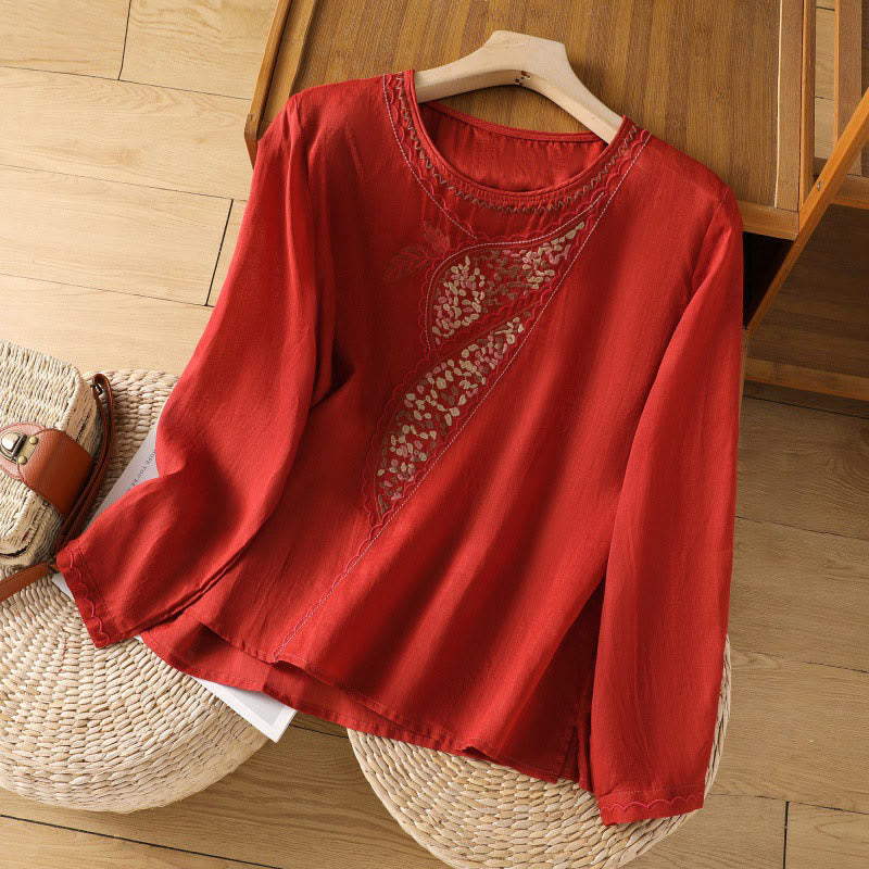 Buddha Stones Ethnic Embroidery Crew Neck Cotton Linen Pullover Clothing - Red - US8-10，UK/AU12-14，EU40-42 (2XL) - image 11