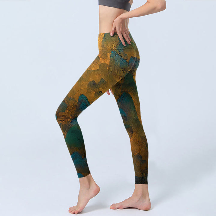 Buddha Stones Dark Goldenrod Mountain Print Fitness Leggings Women's Yoga Pants - image 2