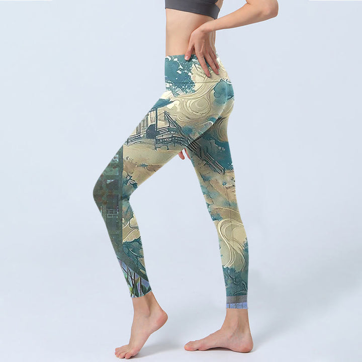 Buddha Stones Chinese Architecture Dark Sea Green Print Fitness Leggings Women's Yoga Pants - image 2