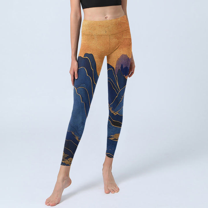 Buddha Stones Dark Blue Mountain Sunset Print Fitness Leggings Women's Yoga Pants - image 5