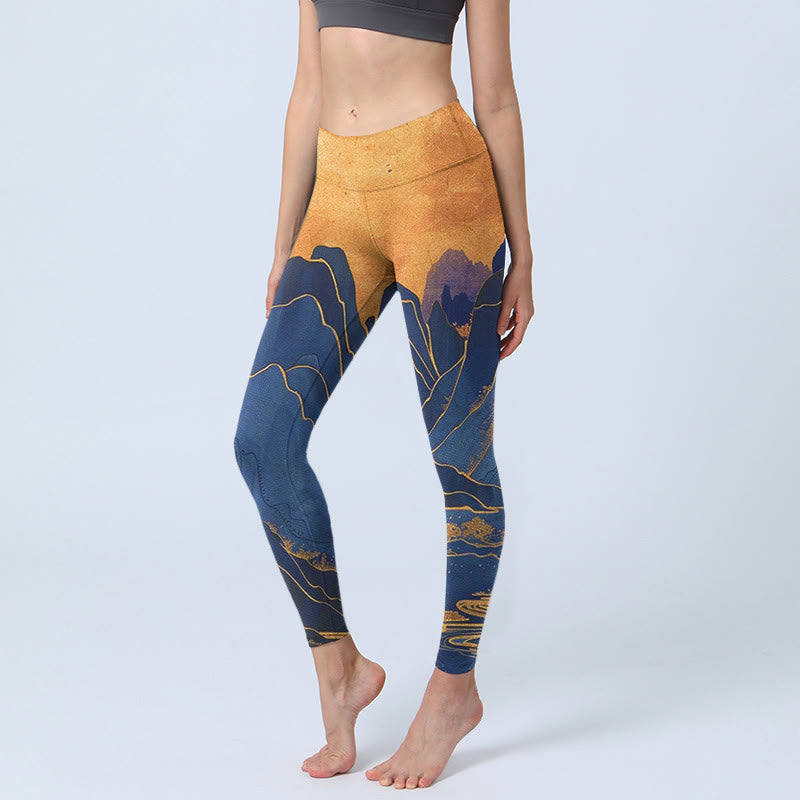 Buddha Stones Dark Blue Mountain Sunset Print Fitness Leggings Women's Yoga Pants - MidnightBlue - US18，UK/AU22，EU50 (4XL) - image 0