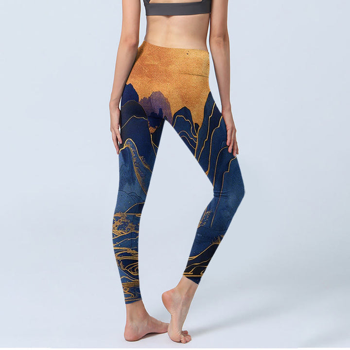 Buddha Stones Dark Blue Mountain Sunset Print Fitness Leggings Women's Yoga Pants - image 3