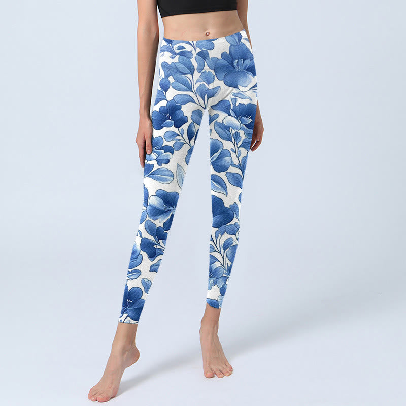 Buddha Stones Blue Flowers Print Fitness Leggings Women's Yoga Pants - image 5