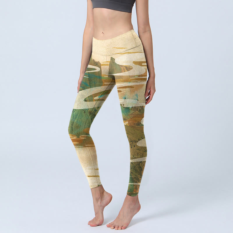 Buddha Stones Green Mountains Clouds Mist Print Fitness Leggings Women's Yoga Pants - LemonChiffon - US18，UK/AU22，EU50 (4XL) - image 0