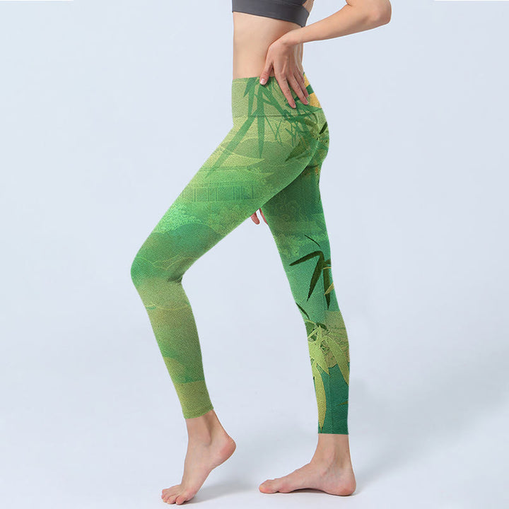 Buddha Stones Green Bamboo Pavilion Print Gym Leggings Women's Yoga Pants - image 3
