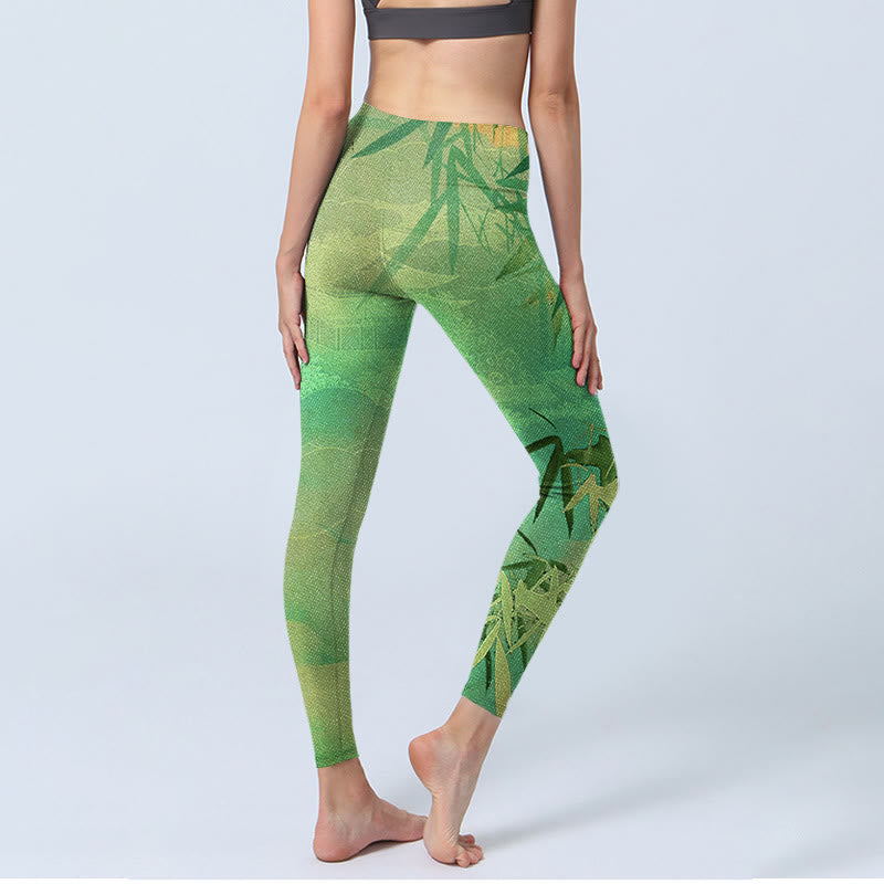 Buddha Stones Green Bamboo Pavilion Print Gym Leggings Women's Yoga Pants - image 4