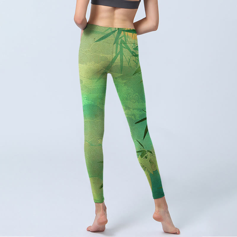 Buddha Stones Green Bamboo Pavilion Print Gym Leggings Women's Yoga Pants - image 5