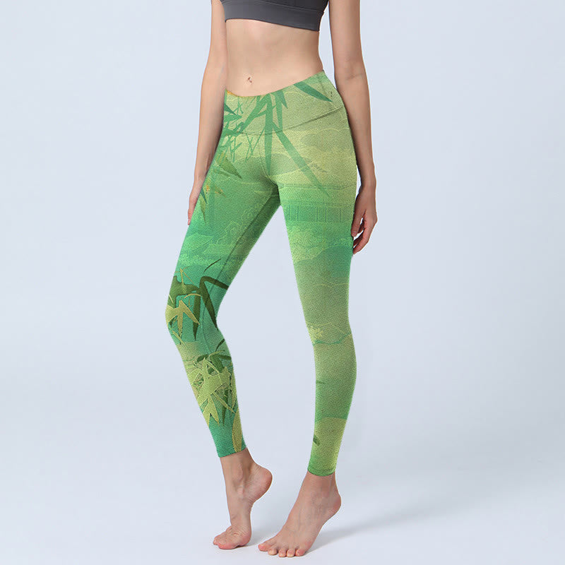 Buddha Stones Green Bamboo Pavilion Print Gym Leggings Women's Yoga Pants - PaleGreen - US18，UK/AU22，EU50 (4XL) - image 0