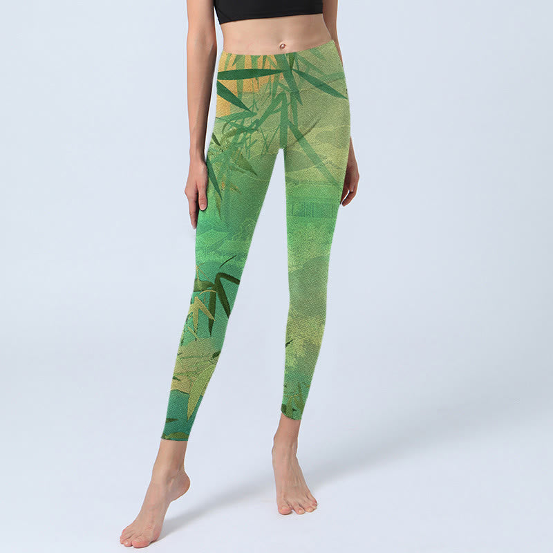 Buddha Stones Green Bamboo Pavilion Print Gym Leggings Women's Yoga Pants - image 6
