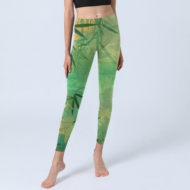Buddha Stones Green Bamboo Pavilion Print Gym Leggings Women's Yoga Pants - image 6