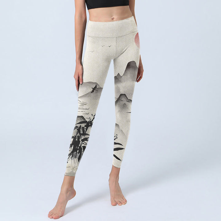 Buddha Stones Ink Bamboo Mountains Print Gym Leggings Women's Yoga Pants - image 5