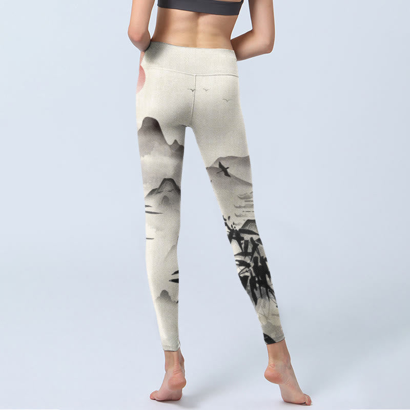 Buddha Stones Ink Bamboo Mountains Print Gym Leggings Women's Yoga Pants - image 6