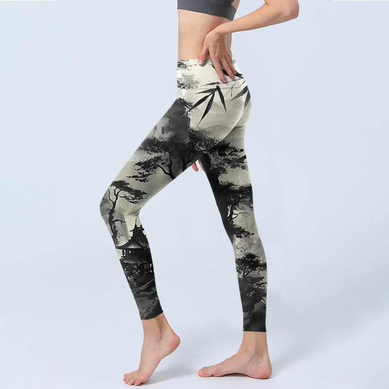 Buddha Stones Ink Bamboo Pine Mountains Print Gym Leggings Women's Yoga Pants - image 2