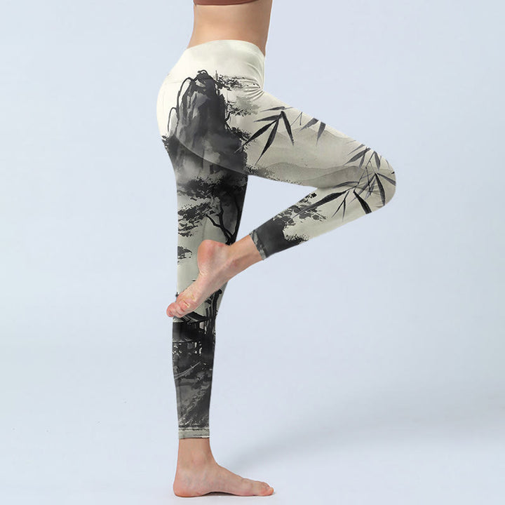 Buddha Stones Ink Bamboo Pine Mountains Print Gym Leggings Women's Yoga Pants - image 3