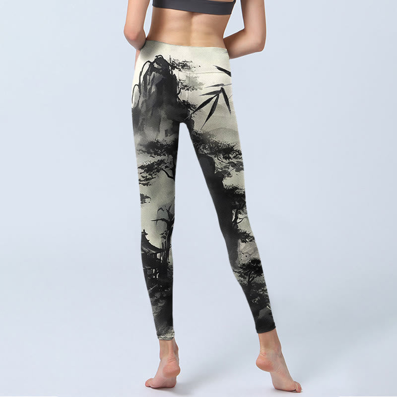 Buddha Stones Ink Bamboo Pine Mountains Print Gym Leggings Women's Yoga Pants - image 6