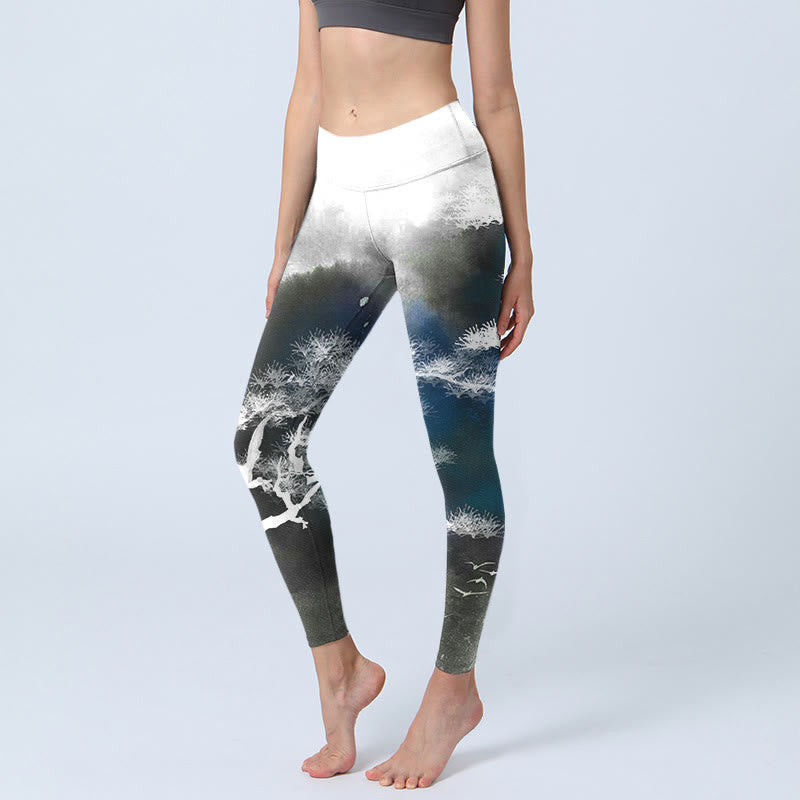 Buddha Stones Ink Painting Pine Tree Print Gym Leggings Women's Yoga Pants - Gray - US18，UK/AU22，EU50 (4XL) - image 0