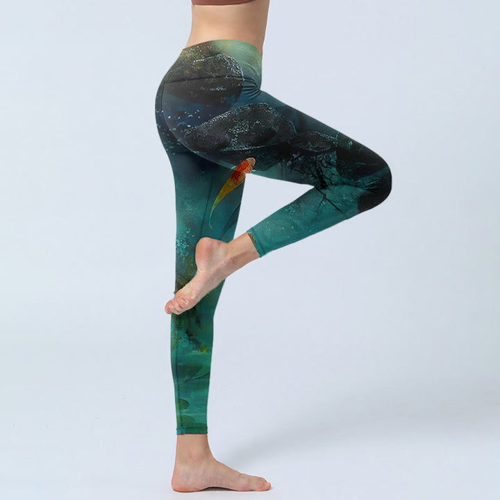 Buddha Stones Pond Koi Fish Rocks Print Sports Leggings Women's Yoga Pants - image 3