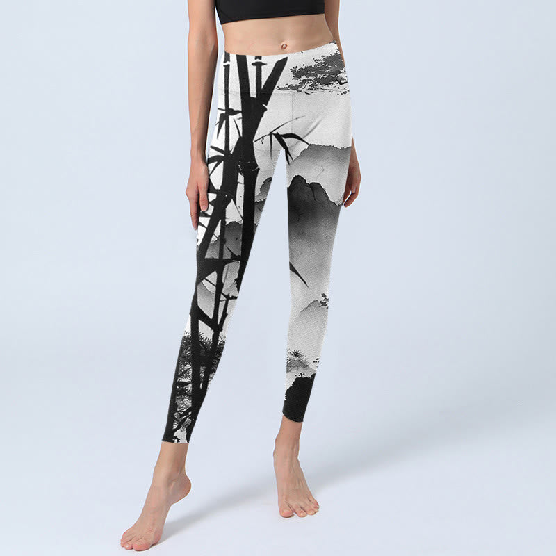 Buddha Stones Ink Painting Bamboo Pine Mountain Scenery Print Gym Leggings Women's Yoga Pants - image 5