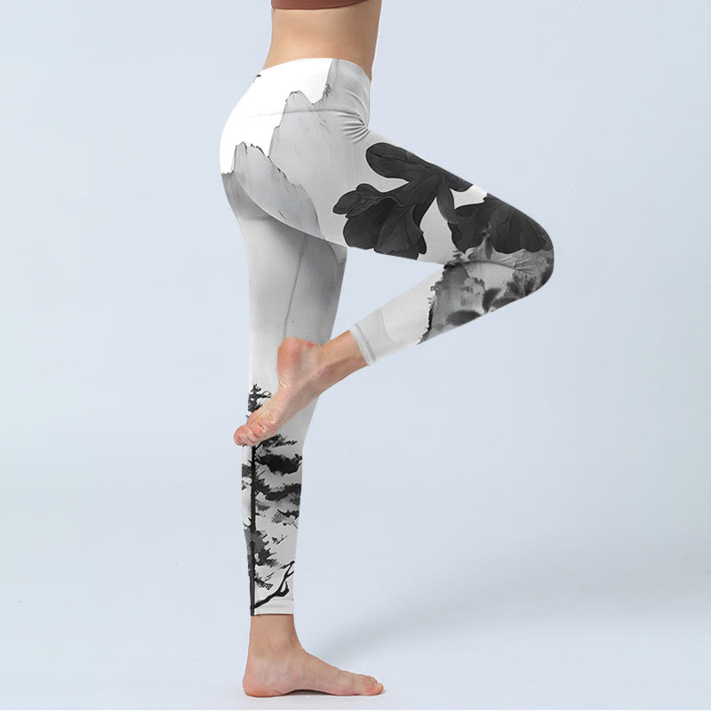 Buddha Stones Ink Painting Trees Mountains Scenery Print Gym Leggings Women's Yoga Pants - image 3