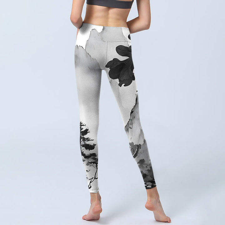 Buddha Stones Ink Painting Trees Mountains Scenery Print Gym Leggings Women's Yoga Pants - image 6