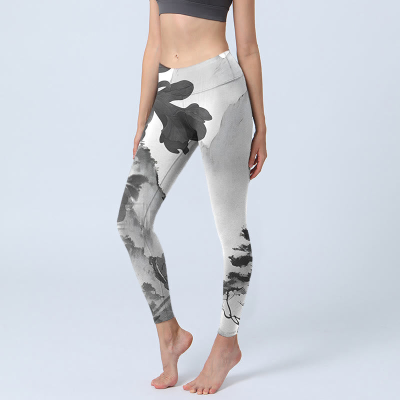 Buddha Stones Ink Painting Trees Mountains Scenery Print Gym Leggings Women's Yoga Pants - WhiteSmoke - US18，UK/AU22，EU50 (4XL) - image 0